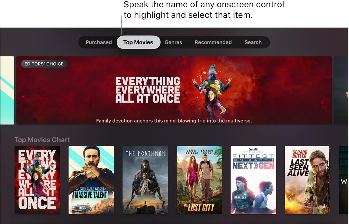 iTunes Movie Store showing menu queries that can be spoken
