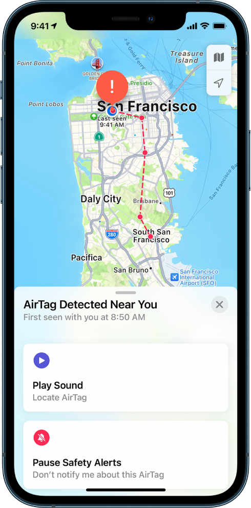 An iPhone screen showing an AirTag detected near the user in the Maps app.