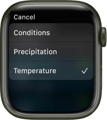 Приложението Weather (Прогноза за времето) показва три опции за избор в списък—Conditions (Условия), Precipitation (Валежи) и Temperature (Температура).