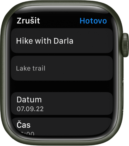 Obrazovka Úpravy v aplikaci Připomínky na Apple Watch. Nahoře je vidět název připomínky a pod ním její popis. Dole je datum a čas, na kdy je naplánováno zobrazení připomínky. Vpravo nahoře je umístěné tlačítko Hotovo.