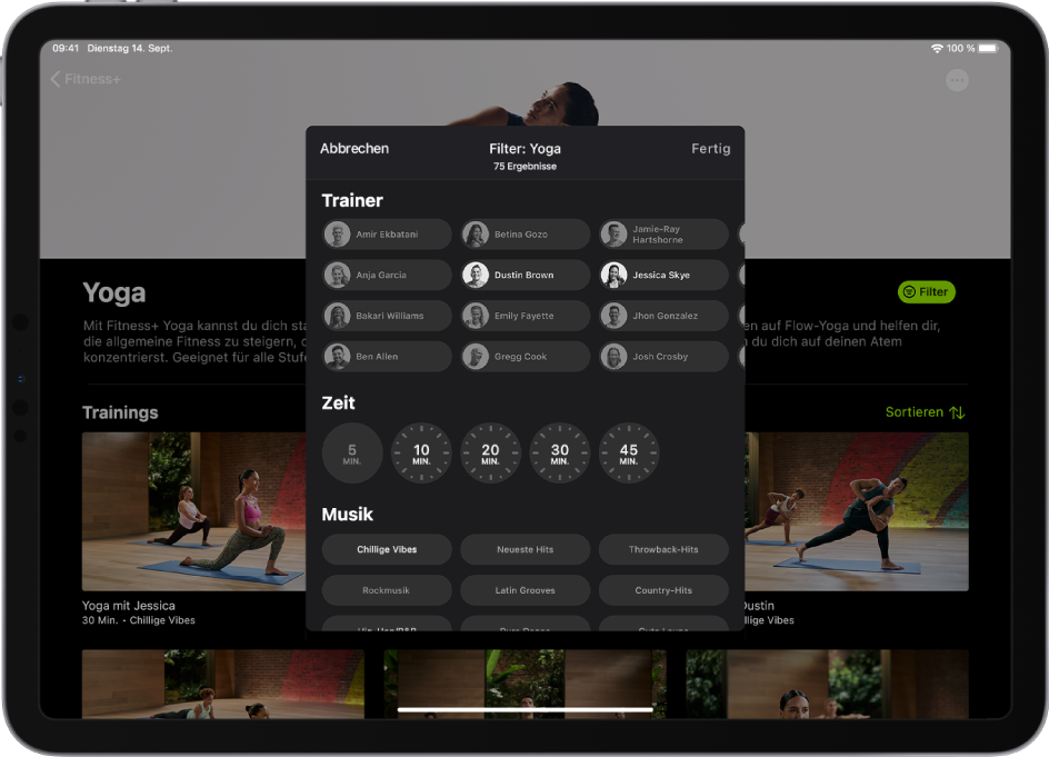 Ein iPad mit den Filteroptionen für die Yoga-Trainings in Fitness+.