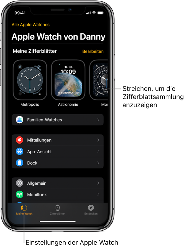 Die Apple Watch-App auf dem iPhone öffnet sich mit dem Bildschirm „Meine Watch“, in dem oben deine Zifferblätter und unten die Einstellungen angezeigt werden. Unten in der Apple Watch-App befinden sich drei Tabs: Links der Tab „Meine Watch“ mit den Einstellungen für die Apple Watch, daneben die Zifferblattgalerie, in der du die verfügbaren Zifferblätter und Komplikationen durchsuchen kannst, rechts daneben der Tab „Entdecken“, wo du mehr über die Apple Watch erfährst.