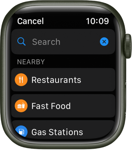 The Maps app Search screen showing the Search field near the top. Under Nearby are buttons for COVID-19 vaccines, restaurants, and fast food.