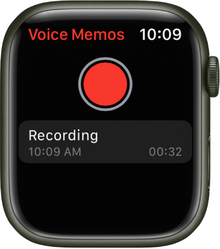 Apple Watch showing the Voice Memos screen. A red Record button appears near the top. A recorded memo appears below. The memo displays the time it was recorded and its length.
