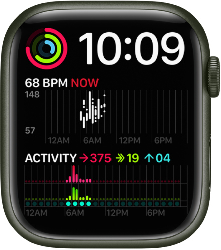 The Modular Duo watch face showing a digital clock near the top right, an Activity complication at the top left, a Heart Rate complication in the middle, and an Activity complication at the bottom.