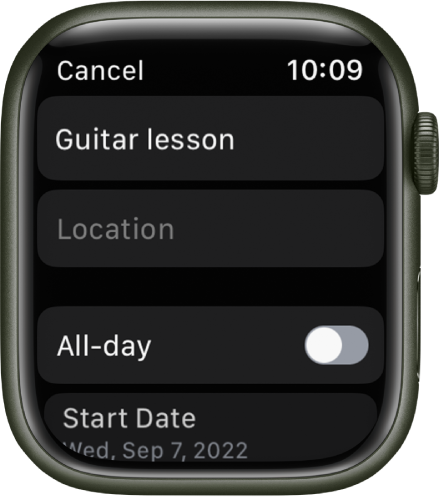 Calendar screen showing a new event. The name of the event is at the top and a Location field is below. Near the bottom is an All-day button. At the bottom is a Start Date button.
