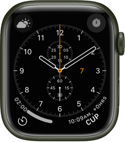 The Chronograph watch face, where you can adjust the face color and details of the dial. It shows four complications: Weather Conditions at the top left, Stopwatch at the top right, Timers at the bottom left, and World Time at the bottom right.