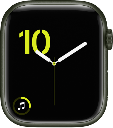 Numerals watch face showing the stencil typeface in green and a Music complication at the bottom left.