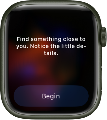 The Mindfulness app shows a thought you can reflect on—”Find something close to you. Notice the little details.” A Begin button is below.