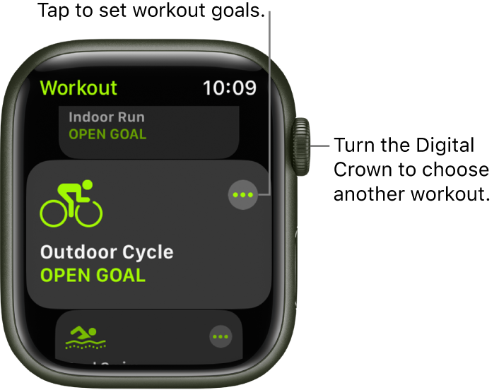 The Workout screen with the Outdoor Cycle workout highlighted. A More button is at the top right of the workout tile. A portion of the Indoor Run workout is above. A portion of the Outdoor Swim workout is below.