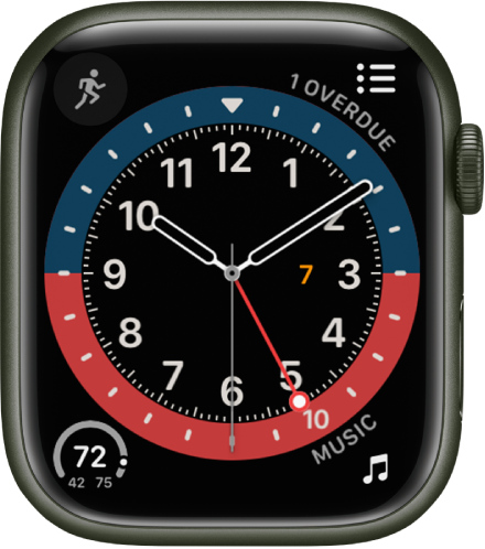The GMT watch face, where you can adjust the face color. It shows four complications: Workout at the top left, Reminders at the top right, Temperature at the bottom left, and Music at the bottom right.