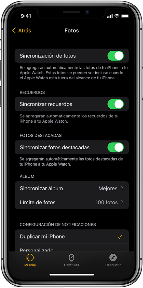 La configuración de Fotos en la app Apple Watch en el iPhone, con la configuración Sincronización de fotos en el centro y la configuración Límite de fotos abajo.