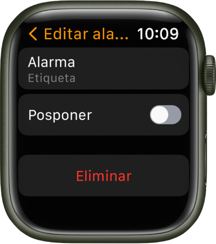 Pantalla Editar alarma con el botón Eliminar en la parte inferior.