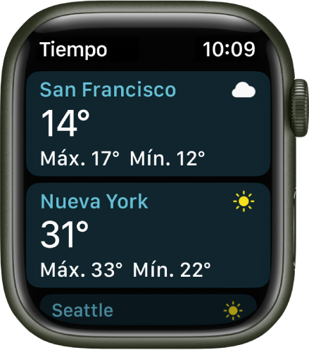 La app Tiempo, con información del tiempo en una lista de dos ciudades.