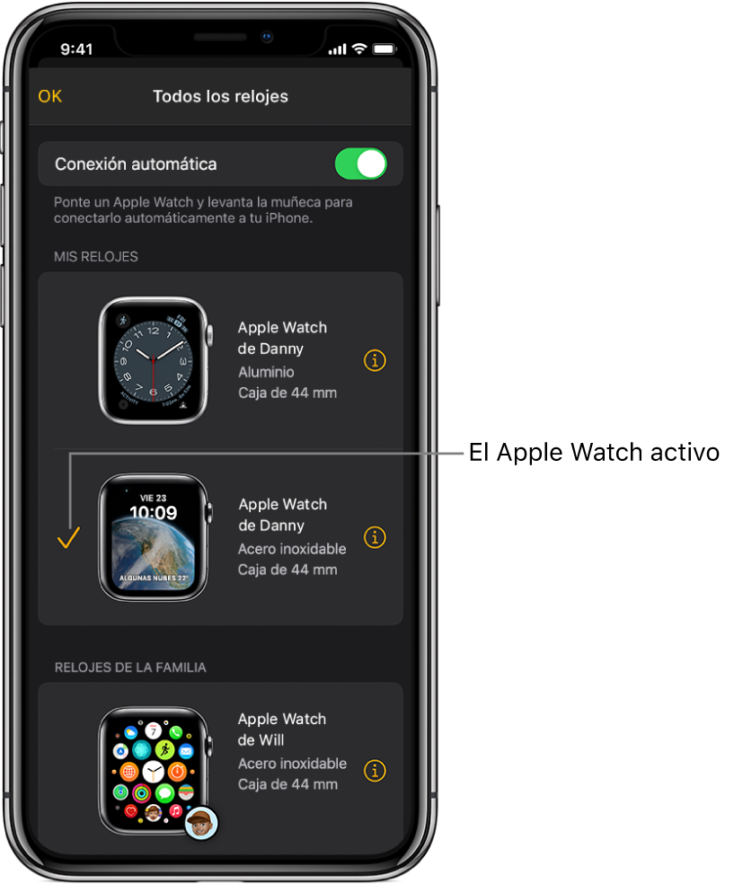 En la pantalla “Todos los relojes” de la app Apple Watch, una marca de verificación muestra el Apple Watch activo.