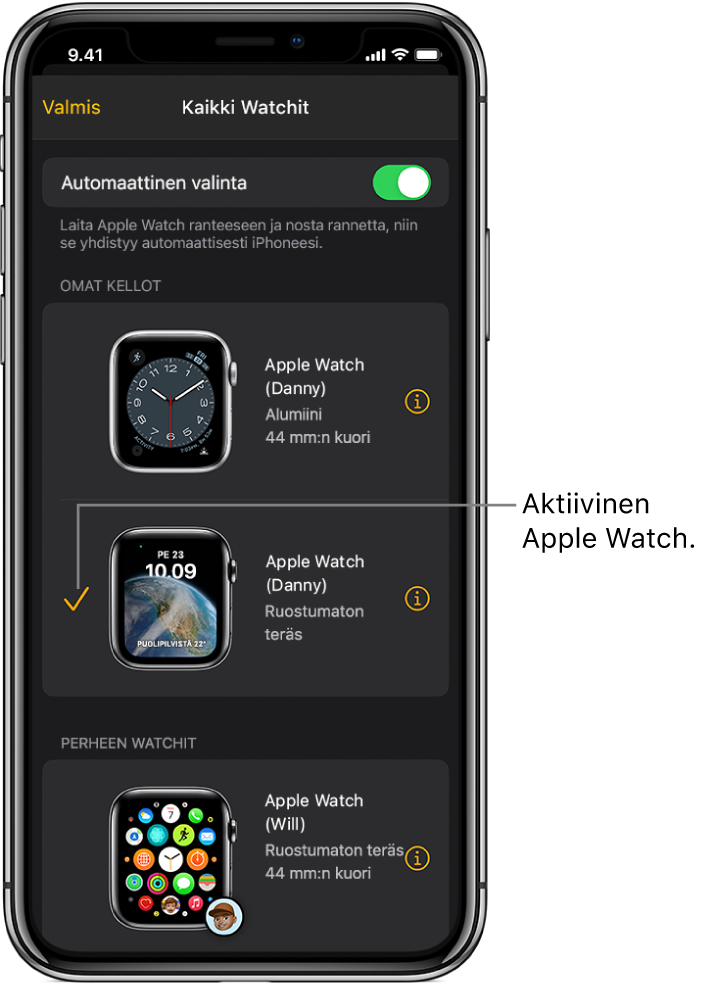 Apple Watch ‑apin Kaikki Watchit -näytössä valintamerkki osoittaa aktiivisen Apple Watchin.