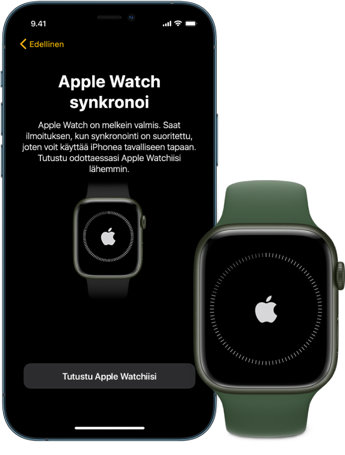 iPhone ja Apple Watch vierekkäin. iPhonen näytöllä näkyy teksti ”Apple Watch synkronoi”. Apple Watchissa näkyy synkronoinnin edistyminen.