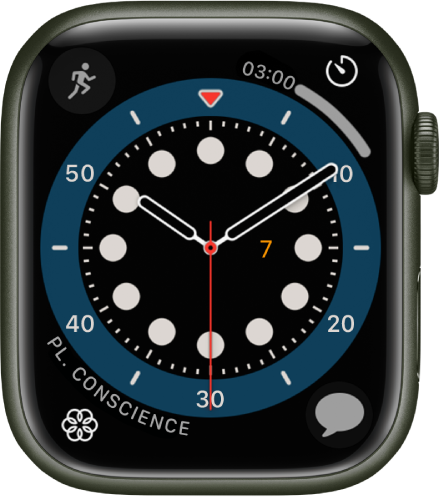 Le cadran Chronométrie. Il affiche quatre complications : Exercice en haut à gauche, Minuteurs en haut à droite, « Pleine conscience » en bas à gauche et Messages en bas à droite.