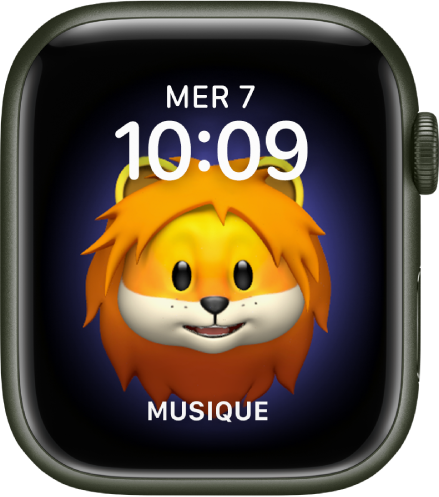 Le cadran Memoji, sur lequel vous pouvez modifier le personnage Memoji et une complication en bas. Touchez l’écran pour animer le Memoji. La date et l’heure sont en haut et la complication Musique est en bas.