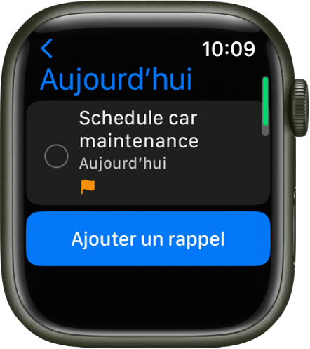 L’app Rappels affichant un rappel dans la liste Aujourd’hui. Le rappel se trouve en haut de l’écran et un bouton « Ajouter un rappel » apparaît en dessous.