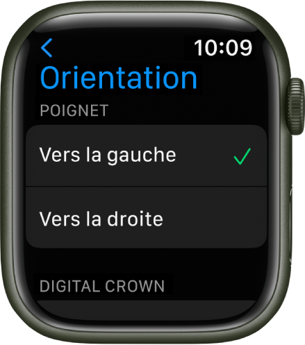 L’écran Orientation sur l’Apple Watch. Vous pouvez définir vos préférences pour le poignet et la Digital Crown.