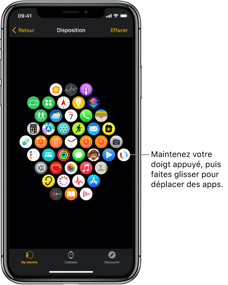 L’écran Disposition de l’app Apple Watch présentant une grille d’icônes.