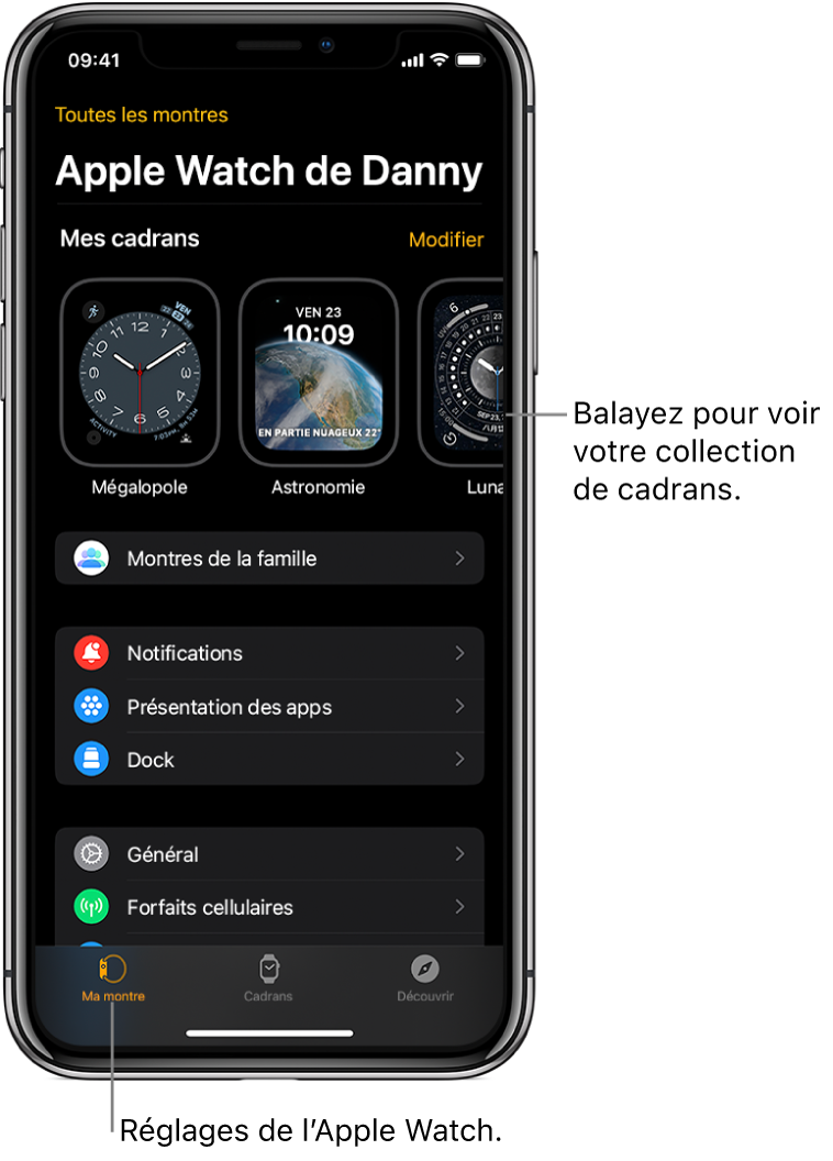 App Apple Watch sur l’iPhone ouverte à l’écran Ma montre, qui montre des cadrans en haut et des réglages en dessous. Le bas de l’écran de l’app Apple Watch présente trois onglets : l’onglet de gauche est « Ma montre », où vous pouvez ajuster les réglages de l’Apple Watch ; à côté se trouve Cadrans, où vous pouvez découvrir les cadrans et complications disponibles ; et enfin l’onglet Découvrir, où vous pouvez en apprendre davantage sur l’Apple Watch.