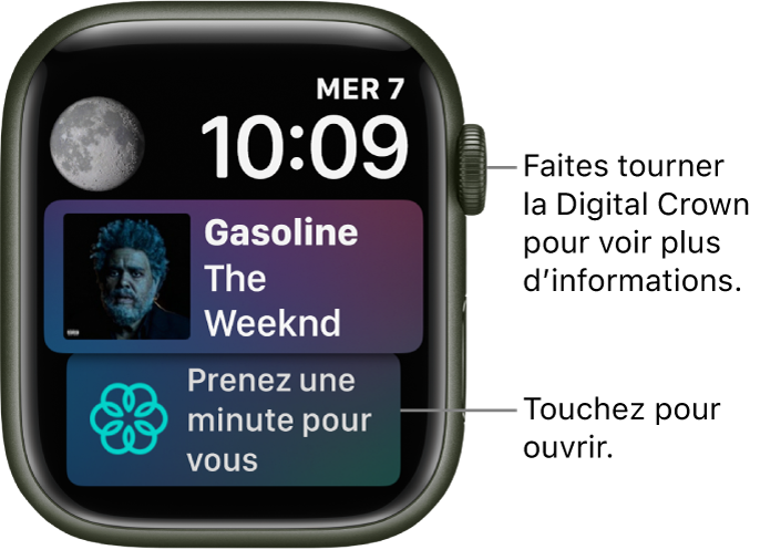 Cadran Siri avec l’heure et la date en haut à droite. Une complication « Phase de lune » se trouve en haut à gauche. En dessous se trouve une complication Musique affichant le morceau en cours de lecture. En bas se trouve la complication « Pleine conscience ».