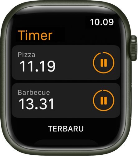 Dua timer di app Timer. Timer bernama “Pizza” berada di dekat bagian atas. Di bawahnya terdapat timer bernama “Barbecue”. Setiap timer menampilkan waktu tersisa di bawah nama timer dan tombol jeda di sebelah kanan. Tombol Terbaru terdapat di bagian bawah layar.