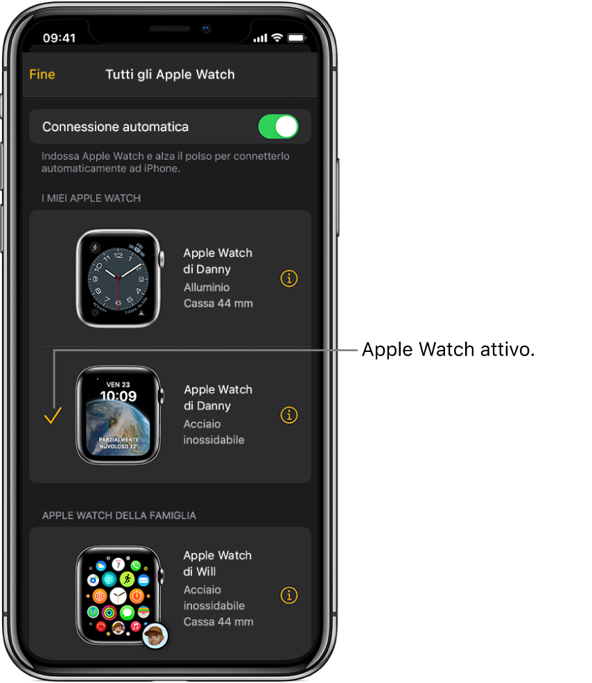 Nella schermata “Tutti gli Apple Watch” dell'app Watch, un segno di spunta mostra l'Apple Watch attivo.