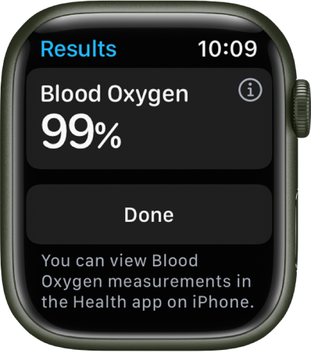 Lietotnes Blood Oxygen rezultātu ekrānā ir redzams skābekļa saturācijas līmenis asinīs 99 procenti. Apakšā ir poga Done.