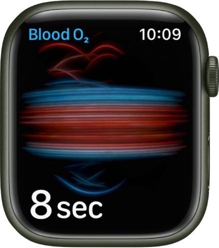 Ekrānā Blood Oxygen tiek veikts mērījums; notiek atskaite no 8 sekundēm.