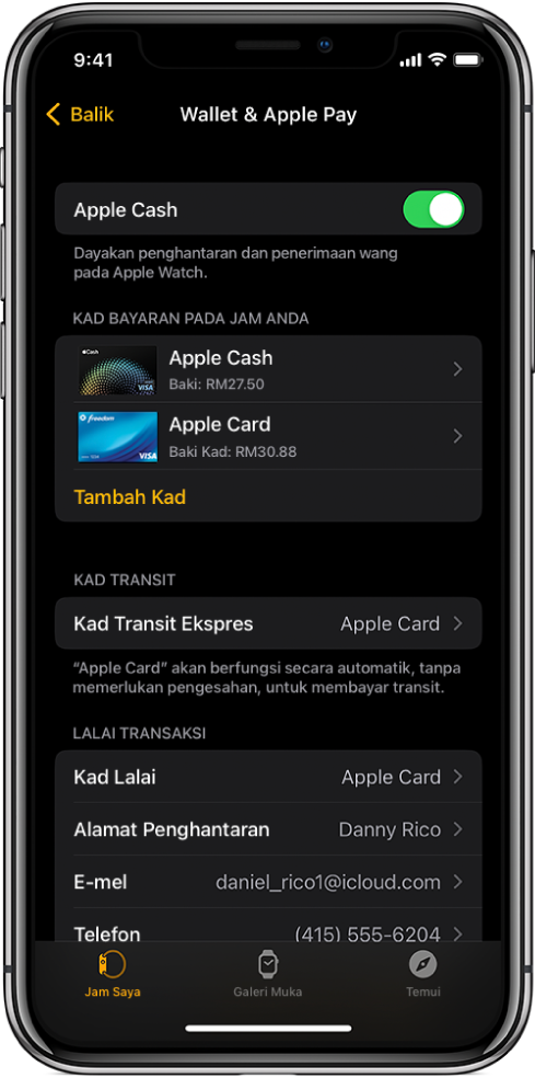 Skrin Wallet & Apple Pay dalam app Apple Watch pada iPhone. Skrin menunjukkan kad yang ditambah ke Apple Watch, kad yang anda pilih untuk digunakan untuk transit ekspres dan seting lalai transaksi.