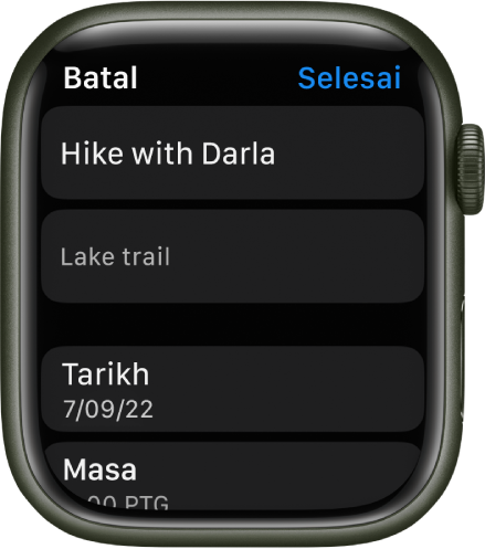 Skrin Edit dalam app Peringatan pada Apple Watch. Nama peringatan berada di bahagian atas dengan perihalan di bawah. Di bahagian bawah ialah tarikh dan masa peringatan dijadualkan untuk kelihatan. Butang Selesai berada di bahagian kanan atas.
