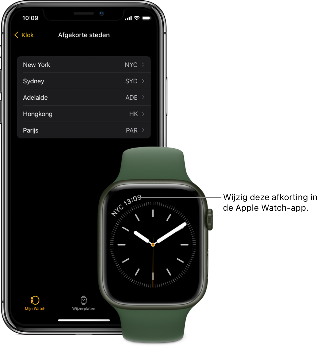 Een iPhone en een Apple Watch naast elkaar. Op het Apple Watch-scherm is de tijd in New York te zien (aangeduid met de afkorting "NYC"). Het iPhone-scherm toont de lijst met steden in 'Afgekorte steden' in de klokinstellingen in de Apple Watch-app.