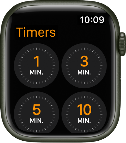 Het scherm van de Timer-app, met timers voor 1, 3, 5 en 10 minuten.