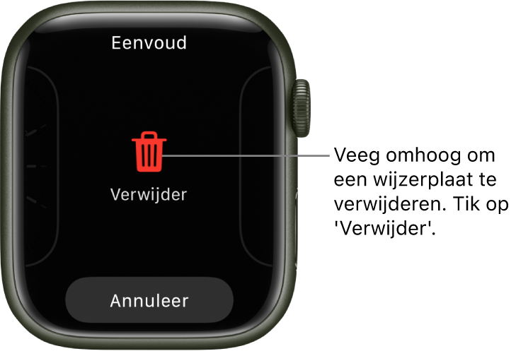 Het Apple Watch-scherm met de knoppen 'Verwijder' en 'Annuleer', die verschijnen nadat je naar een wijzerplaat hebt geveegd en de wijzerplaat omhoog hebt geveegd om de wijzerplaat te verwijderen.