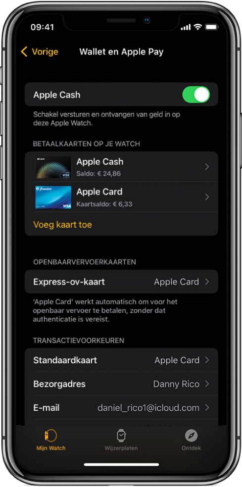 Het scherm Wallet en Apple Pay in de Apple Watch-app op de iPhone. Op het scherm zie je kaarten die aan de Apple Watch zijn toegevoegd, de gekozen ov-kaart en instellingen voor transactievoorkeuren.