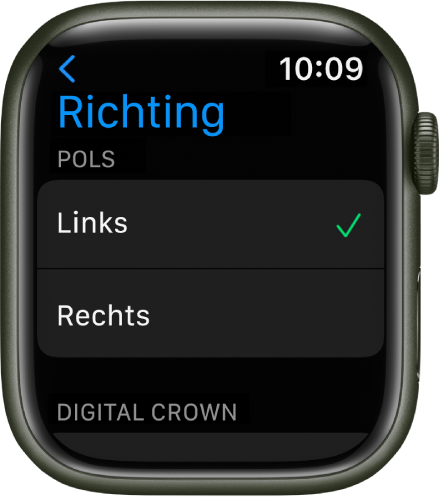 Het Draagpositie-scherm op de Apple Watch. Je kunt instellen om welke pols je de Apple Watch draagt en aan welke kant de Digital Crown zich bevindt.