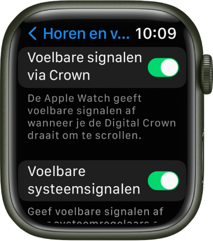 Het scherm 'Voelbare signalen via Crown', met de schakelaar 'Voelbare signalen via Crown' ingeschakeld. Daaronder staat de schakelaar 'Voelbare systeemsignalen'.