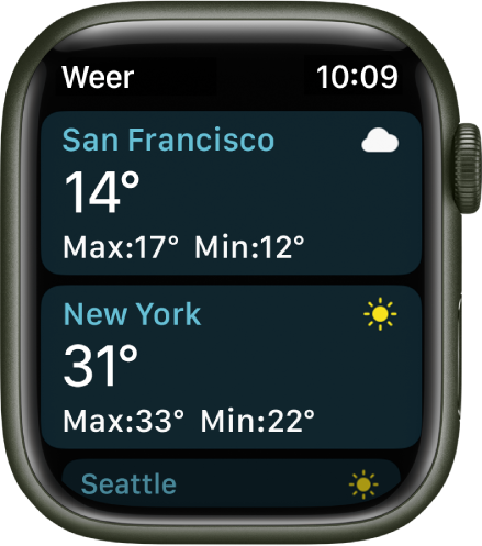 De Weer-app, met informatie over het weer voor twee steden in een lijst.