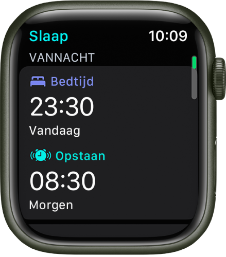 De Slaap-app op de Apple Watch met het slaapschema van deze avond. Bovenaan staat de bedtijd en daaronder de tijd voor het opstaan.