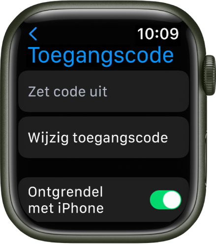 Instellingen voor de toegangscode op de Apple Watch, met bovenin de knop 'Zet code uit', daaronder de knop 'Wijzig code' en onderin de schakelaar 'Ontgrendel met iPhone'.