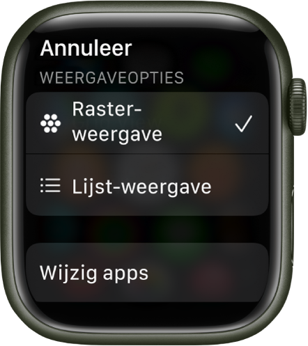 Het scherm 'Weergaveopties' met de knoppen 'Rasterweergave' en 'Lijstweergave'. De knop 'Wijzig apps' bevindt zich onder in het scherm.
