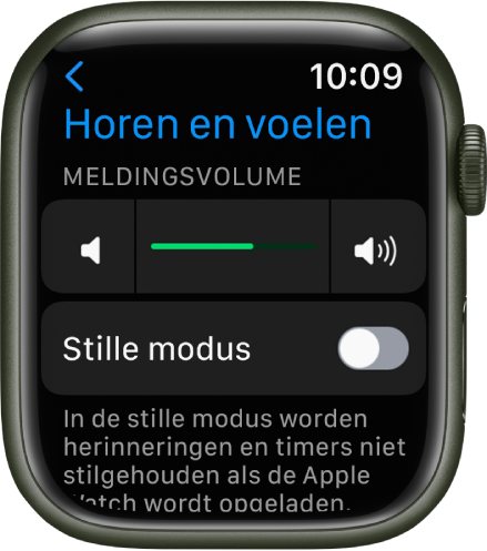Instellingen voor horen en voelen op de Apple Watch, met bovenin de schuifknop 'Meldingsvolume' en daaronder de schakelaar 'Stille modus'.