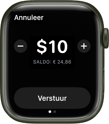 Een Berichten-scherm met een bericht dat een Apple Cash-betaling wordt voorbereid. Bovenaan bevindt zich een bedrag in dollars. Daaronder staat het huidige saldo en onderin staat de knop 'Stuur'.