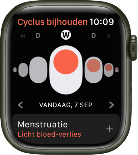 Apple Watch met het scherm 'Cyclus bijhouden'.