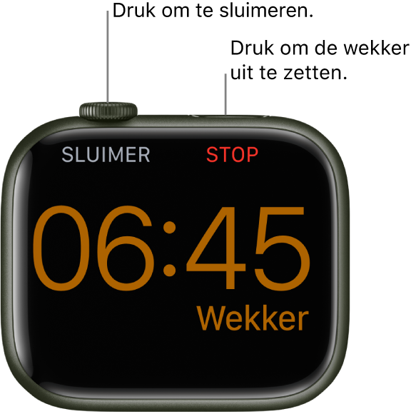 Een Apple Watch die op zijn kant ligt, met op het scherm een wekker die afgaat. Onder de Digital Crown staat het woord "Sluimer". Onder de zijknop staat het woord "Stop".