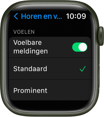Instellingen voor horen en voelen op de Apple Watch, met de schakelaar 'Voelbare meldingen' en daaronder de opties 'Standaard' en 'Prominent'.