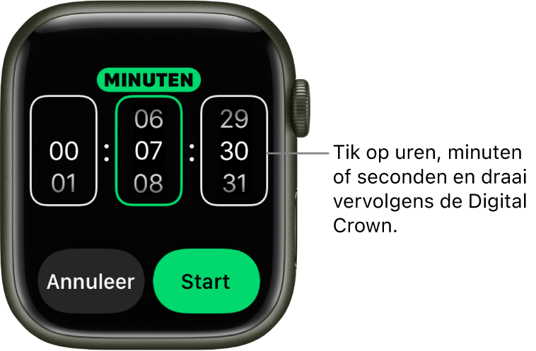 Instellingen voor een aangepaste timer, met links de uren, in het midden de minuten en rechts de seconden. Daaronder staan de knoppen 'Start' en 'Annuleer'.